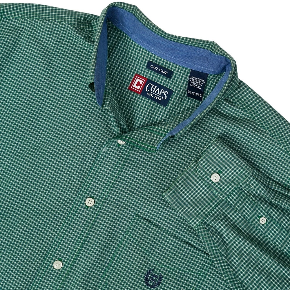 Chaps Mens XL Green Gingham Check Long Sleeve Button Down Shirt Easy Care Casual